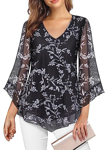 Gemulate Evening Tops for Women UK Women's Blouses Shirts Casual V Neck 3/4 Sleeve Black Flowy Top Double Layers Elastic Mesh Chiffon Blouses Plus Size Tops -Black Floral, XXL