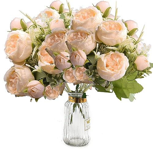 YELYAN 2 Pack Fake Peony Artificial Flowers White Flowers Silk Peonies Bouquets for Wedding Home Birthday Party Arrangment Garden Decoration (champagne-4PCS)