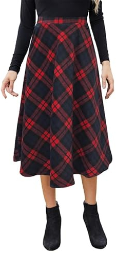JayscreateEU Damen Midi Plaid Rock Damen Hohe Elastische Taille A-Linie Flowy Langer Rock mit Taschen für Frauen UK, rot, 48
