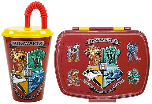 CARTOON Set pranzo per bambini 2 pezzi Harry Potter, bicchiere e portamerenda in plastica riutilizzabile senza BPA, bicchiere con cannuccia 430 ml e contenitore portapranzo