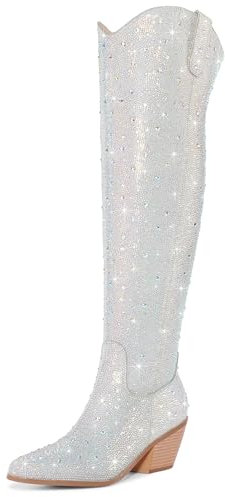 RONILURN Stivali da cowboy da donna sopra il ginocchio con strass occidentali, stivali da cowgirl scintillanti, senza lacci, cerniere laterali, tacco grosso, punta a punta, stivali alti alla coscia