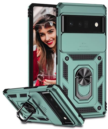 POUHYE Handyhülle für Google Pixel 6 Pro Hülle, [Slide Camera] Hybrid Militärqualität Stoßfest Bumper Outdoor Handyhülle mit 360° Drehbarer Metall Ring Ständer Schutzhülle Case Dunkelgrün