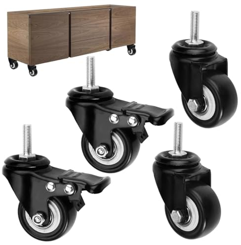 4 Piezas 50mm Ruedas para Muebles, Ruedas Giratorias con Frenos, Ruedas Giratorias con M8×25mm Vástago Roscado, Ruedas para Muebles Pesados Silencioso, para Electrodomésticos, Muebles, Cada Carga 70kg