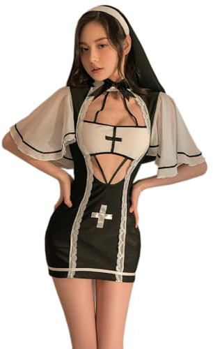 SINROYEE Sexy Cosplay-Dessous, Nonnen-Kostüm, Anime, Teufel, Slutty Outfit, Halloween, Gothic-Kleid, hoher Schlitz