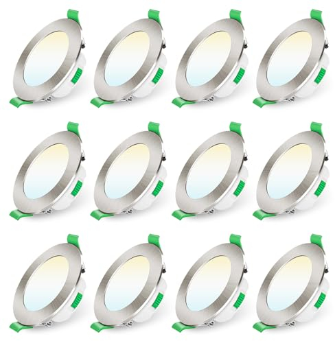 ALUSSO LED Einbaustrahler 230V Dimmbar 68mm 7W Ultra Flach IP44 LED Spots Warmweiß Neutralweiß Kaltweiß Einbauleuchten für Badezimmer Küche Wohnzimmer, Nickel Gebürstetes, 12er Set