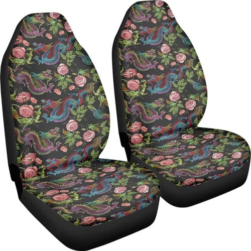 Poceacles Japanischer Drachen-Rosen-Druck, Auto-Vordersitzbezüge, Satteldecke, elastisch, Universalgröße für Autos, Limousine, SUV, Van, LKW
