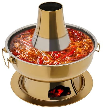 Hot Pot Topf, 2.3 Litre Campingherde Hot Pot aus Edelstahl, Messingfarbe Hotpot mit Schornstein, Chinesischer Holzkohle-Hot Pot, mit Undichter Löffel und Löffel, für 3-4 Personen
