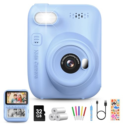 Kinderkamera Sofortbildkamera,3,0 Zoll 1080P Fotoapparat Kinder DigitalKamera mit Druckerpapier & 32GB Karte, Kinder Kamera Geschenk für 3-10 Jahre (Blau)