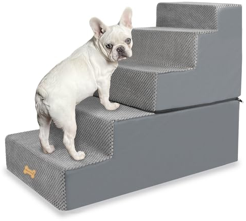 Nepfaivy Hundetreppe für Kleine Hunde 5-Stufig, Hundetreppe Hunderampe für Bett und Sofa aus Hochdichtem Schwamm, Haustiertreppe mit Abnehmbarem, Waschbarem Bezug und Rutschfestem Boden, 76x40x56cm