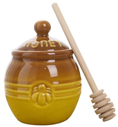 Rurunklee Porcelain Honey Pot, Ceramic Honey Jar with Wood Dipper