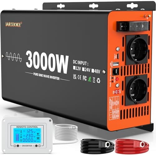 JARXIOKE 3000W/6000W Wechselrichter 12V 230V Reiner Sinus Spannungswandler mit LCD-Fernbedienung & 2 EU Steckdose & USB Port & (30w) Type-C Port,Inverter Konverter