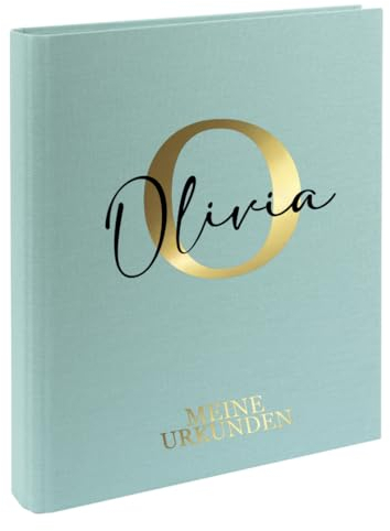 AWASG Urkundenmappe Kinder - Personalisiert mit Namen - Dokumentenmappe Ringbuch für Mädchen Jungen - Zeugnisordner Leinen zum Einsortieren von Urkunden (mint)