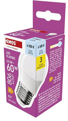 EMOS LED Lampe Mini Globe, 6,5W Ersatz für 60W Glühbirne, kleine Birne mit E27 Sockel, Helligkeit 806 lm, Kaltweiß 6500 K, 30000 h Lebensdauer, CRI min. 80, 150° Abstrahlwinkel