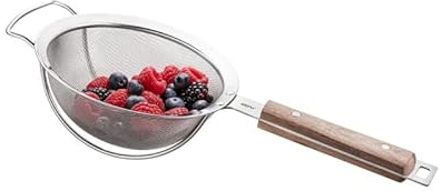 GEFU Sieb PASSO Ø 16 cm – Feinsieb mit ergonomischem Walnussholzgriff, verstärktes Edelstahlgewebe & Aufhängeöse, müheloses abseihen, hochwertiges Design