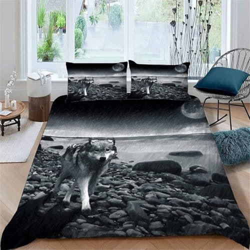 TMMDH Bettwäsche Set Bettbezug 140x200 Weich Bequem Atmungsaktiv Hypoallergen Mikrofaser Bettbezüge und 2 Kissenbezug, für Teenager-Schlafzimmer-Dekor（Tierwelt Wolf