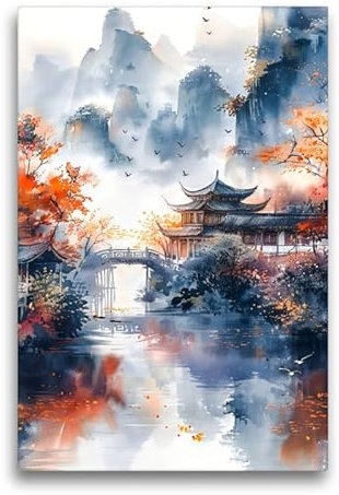 CALVENDO Premium Textil-Leinwand 50 x 75 cm Hochformat Herbst in China. Tempel in den Bergen am Fluss. Aquarellmalerei | Wandbild, HD-Bild auf Keilrahmen, Wanddekoration, Kunstdruck von Anja Frost