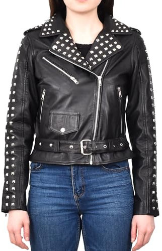 Divergent Retail Damen-Bikerjacke aus Leder, mit Nieten, Schwarz, Schwarz , 40