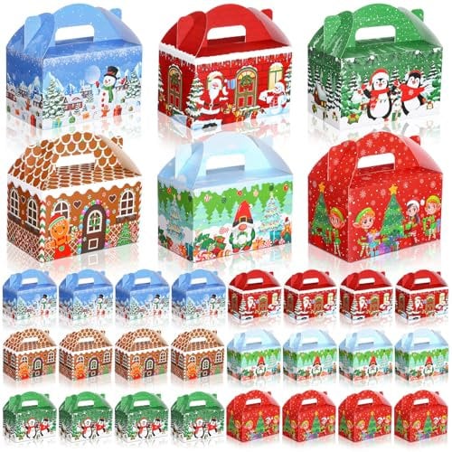 Dunzoom 24 scatole regalo di Natale per feste di Natale, casa di pan di zenzero, scatole regalo in cartone con pupazzo di neve, fiocchi di neve, caramelle, caramelle, biscotti, sacchetti con manici,