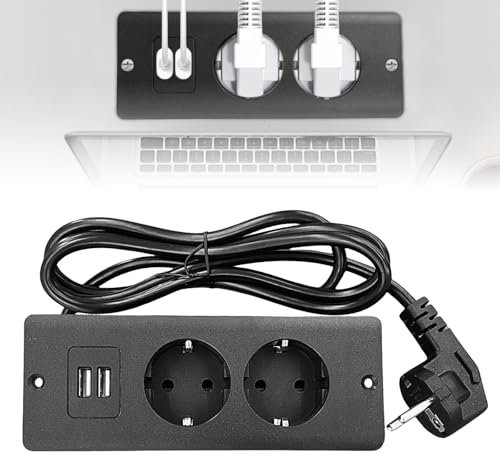 SPORWAY Tischplatte Versenkte Steckdose, 2-Fach Einbausteckdose Steckdosenleiste mit 2 USB, Tischsteckdose Versenkte Steckdose 1.5m Kabel für Tischplatte Arbeitsplatte Konferenztisch (Schwarz)