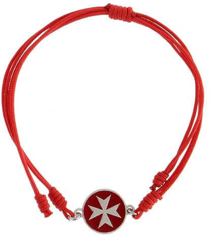 Armband mit roter Kordel und kleiner Malteserkreuz-Medaille aus Silber 925