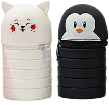 RPFROP Federmäppchen, Teleskop-Federmäppchen, ausziehbare Stifteetui, Reißverschluss, Silikon-Stifttasche, Stehstifthalter für Kinder, Studenten, 2 Stück, Pinguin und Katze, Federmäppchen