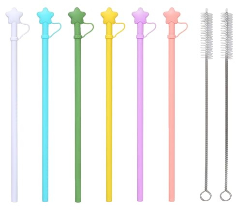 ALLY-MAGIC 5pcs Silicone Reusable Straws with Straw Cover Pink 12 Inch Long Drinking Straw Personalised Star Straws Toppers with 2 Cleaner Brush for Women Kids Xmas Gift Tumbler Accessories Y11FXXXG