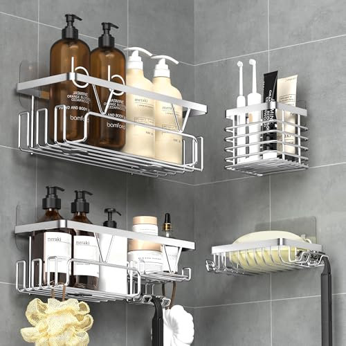 Kegii Shower Caddy - Adhesive Bathroom Caddy, 4 Piece Shower Shelf with Toothbrush Holder & Soap Holder Stainless Steel