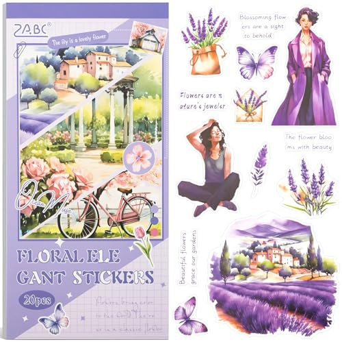 Uideyvi Purple Flower Serie Aufkleber Scrapbooking Zubehör für Junk Journal, 20 Blatt PET-Aufkleber – Vintage Journaling-Aufkleber, Ephemera-Aufkleberbuch vorgeschnitten (TZ-007-002)