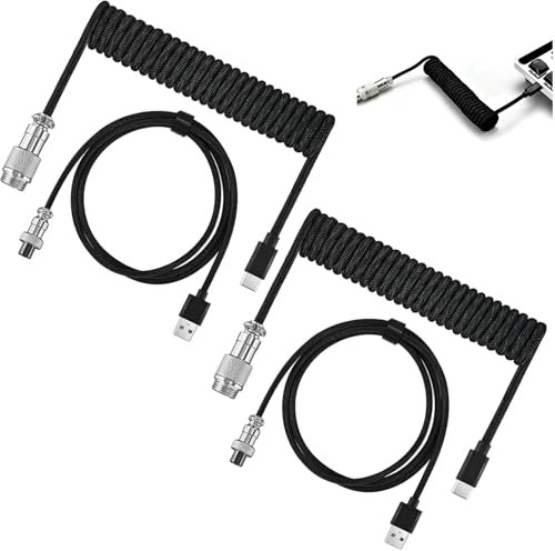 2PCS Coiled Type C Mechanical Keyboard Cable 3m With Detachable Metal Aviator Connector, Double Sleeved for Gaming (Black)