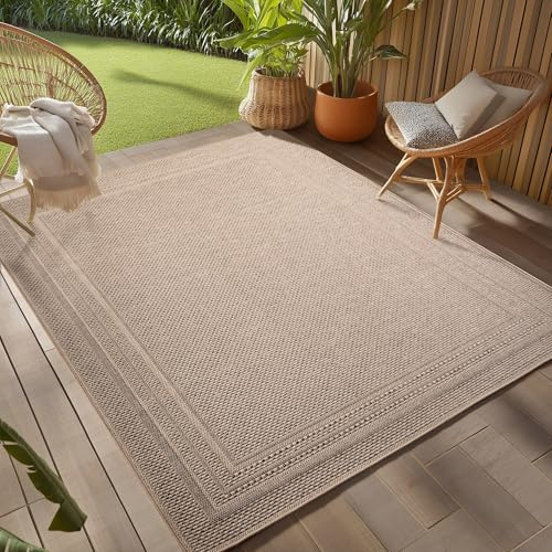 Teppium Outdoor Teppich Beige 280x370 cm, Wetterfest & UV-beständig, ideal für Küche, Balkon, Terrasse, Garten auch Wohnzimmer und Esszimmer, Einfarbiges Design mit Bordüre