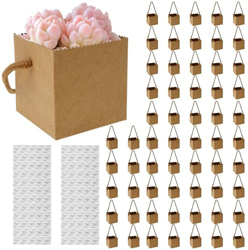 Ghshanog 60Pcs Succulent Wrap Bags,Succulent Favors Box with Thank You Stickers Fits 2.5 Inch Pots, Mini Paper Favors Box Basket with Rope Handle for Wedding, Baby Shower