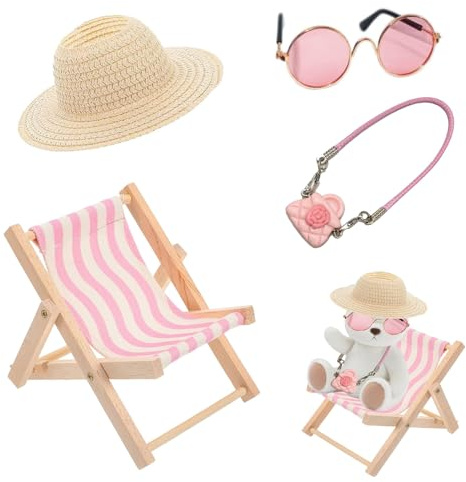 JINJUMEI 4 Stück Puppe Zubehör, Puppe Have a Seat, Rosa Gestreiftem Liegestuhl, Beigefarbener Strohhut, rosa Brille und rosa Beutel, Zubehör-Sets für Puppen,Ideal Als Auto Deko und Geburtstagsgeschenk