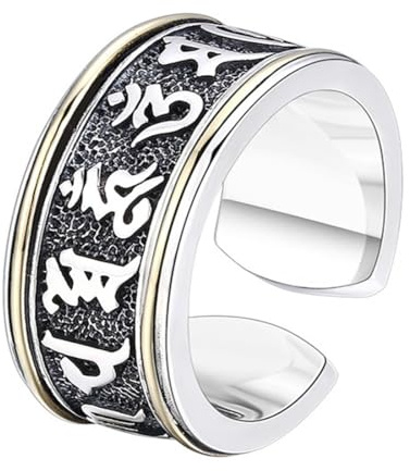 S925 Sterling Silber Sechs Worte der Wahrheit Herrenring, Tibetischer Buddhismus Sechs Worte der Wahrheit Ring