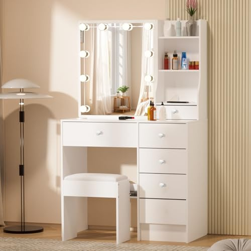 Saimeihome Schminktisch mit Beleuchtung Schiebespiegel & Hocker – 3 Lichtfarben, 80x34x130 cm dimmbare Kosmetiktisch schwarz für Schlafzimmer Kinderzimmer