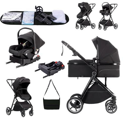 Zkiprm Kinderwagen 3 in 1, Doppelte Faltun Kinderwagenset mit ISOFIX BASE | Zwei-Wege-Schub Babywagen, Liegeposition verstellbar, Große ausziehbare Verdeck, bis 15 kg, 0-3 Jahre