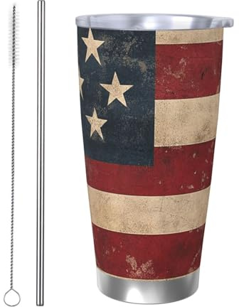 Isolierter Kaffeebecher mit Deckel und Strohhalm, Vintage-Stil, Motiv: amerikanische USA-Flagge, doppelwandig, vakuumisoliert, auslaufsicher, Kaffee-Reisebecher, Geschenk für Männer und Frauen