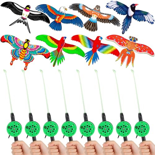 Simgoing 8 Pcs Mini Fishing Rod Kite for Kids Ages 4-8 8-12, Butterfly Swallow Parrot, Easy to Fly, Goldfish Eagle Kites for Adults Family in Spring Outdoor Beach Team Building, 13.78(Classic Style)