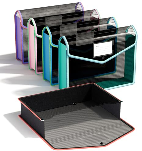 ThinkTex Lot de 5 Chemise Porte-Document A4 avec Bordure en Tissu, Grande Capacité, Pochette Plastique Transparente avec Bouton Pression, Enveloppe Robuste pour Bureau École (Noir - Translucide)
