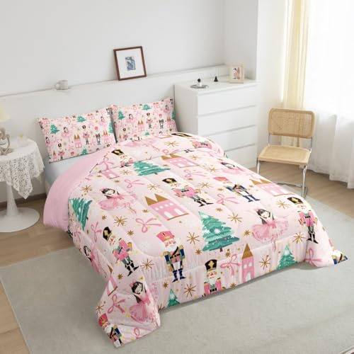 Loussiesd Pink Christmas Nutcracker Bedding Set,Xmas Tree Nutcracker Comforter Set Single Size,Girls Christmas Bedroom Room Decor,Pink Princess,Scandinavian Christmas