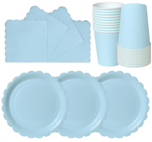 hailstones Dusty Blue Disposable Scalloped Party Paper Plates Set Tableware Supplies - 24 Pack of 7 Inch Plates, Cups & Napkins for Kids Birthday Decorations Christening Wedding Shower