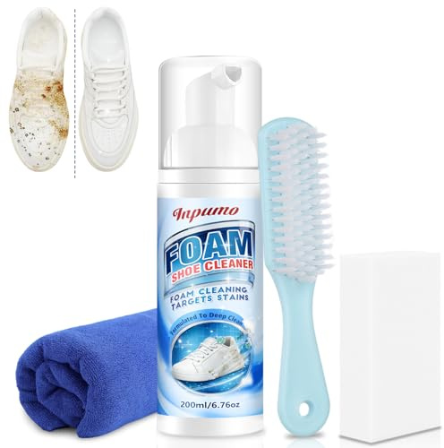 Inpumo Shoe Cleaner, 200ml Trainer Cleaner, Shoe Cleaning Kit With Brush, Sponge And Towel, Trainer Cleaning Kit for Removing Stains And Dirt, Suitable for Sneaker, Suede, Leather, Tennis
