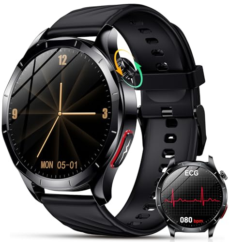 Neu Smartwatch Herren mit EKG+HRV & Blutdruck, 1,43 AMOLED Gesundheitsuhr | 24H Herzfrequenz, SpO2, Schlafmonitor, Körpertemperatur, Telefonfunktion, Harnsäure, SOS-Notruf, Fitnessuhr für Android iOS