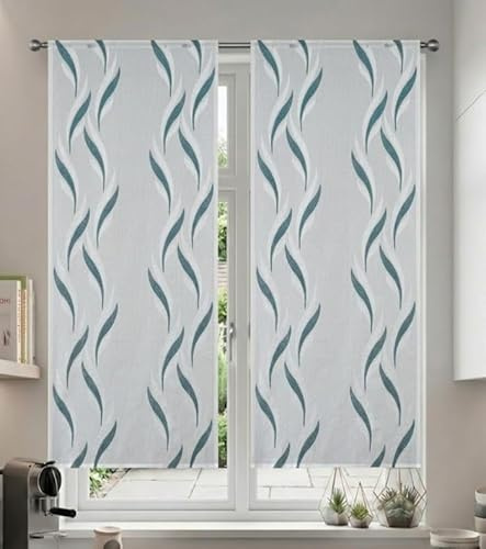 Tata Home Coppia Tende per Interni a Vetro Finestra Semitrasparenti Bianche Tende Cucina Bagno Camera Ricamate Fantasia Moderne Eleganti Con Ricamo Misura 60x150 cm Mod. MADRID Colore Ottanio