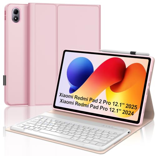 Per Xiaomi Redmi Pad 2 Pro 2025/Redmi Pad Pro 12.1 Pollici Cover Tastiera | Tastiera Bluetooth Rimovibile e Custodia Morbida TPU per Ufficio/Studio/Scrittura, Keyboard Wireless Portatile, Rosa