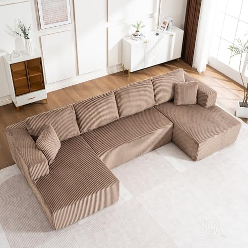 MODENVIE Großes Sofa U-Form Cord 4-Sitzer, Modulares Design Big Sofa Ohne Montage mit Schlaffunktion, XL Wohnlandschaft Schlafsofa mit Kissen für Wohnzimmer, Braun