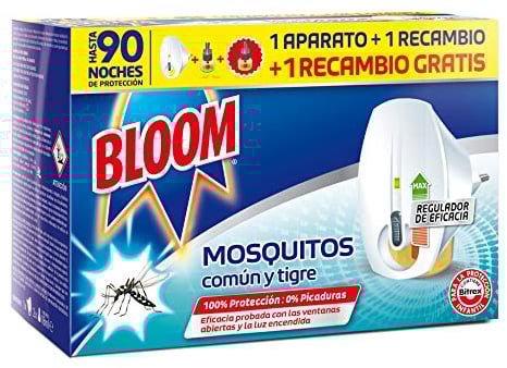 Bloom Insecticida Eléctrico Líquido Doble Eficacia (1 aparato + 2 recambios), insecticida eléctrico para mosquitos común y tigre, fórmula concentrada sin perfume