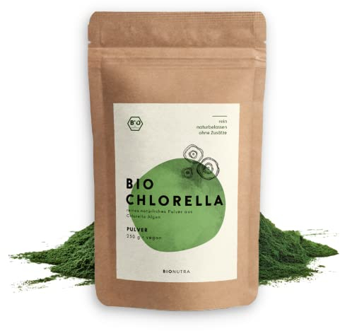BIONUTRA® Bio Chlorella Pulver 250 g, rückstandskontrolliert, nach EU-ÖKO-Standard hergestellt, vegan, laktose- & glutenfrei, ohne Zusätze, Chlorella Pulver Bio