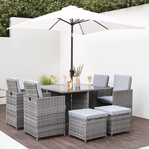Laura James Rattan Cube Garden Furniture Dining Set 8 seater outdoor 9pcs (with parasol, GREY RATTAN WEAVE)