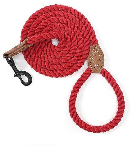 Mile High Life - Laisse en corde de coton tressé avec empiècements en cuir et fermoir en métal robuste - Plusieurs tailles au choix : 1,2 m, 1,5 m et 1,8 m, 6 FT, Rouge