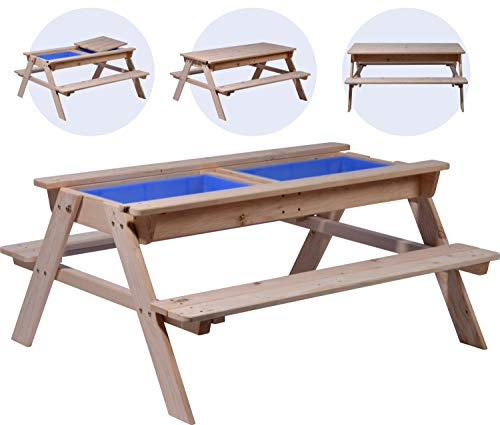 dobar® 94361FSCe Kinder Matschtisch Outdoor | Sand- und Wasserspieltisch inkl. 2 herausnehmbarer Matschkisten | Große Kindersitzgarnitur |4 Sitzplätze | 107 x 94 x 50,5 cm | Natur/Blau